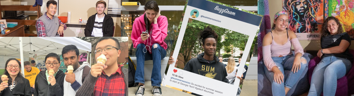 Photo collage of female and male students in their rooms and around campus.