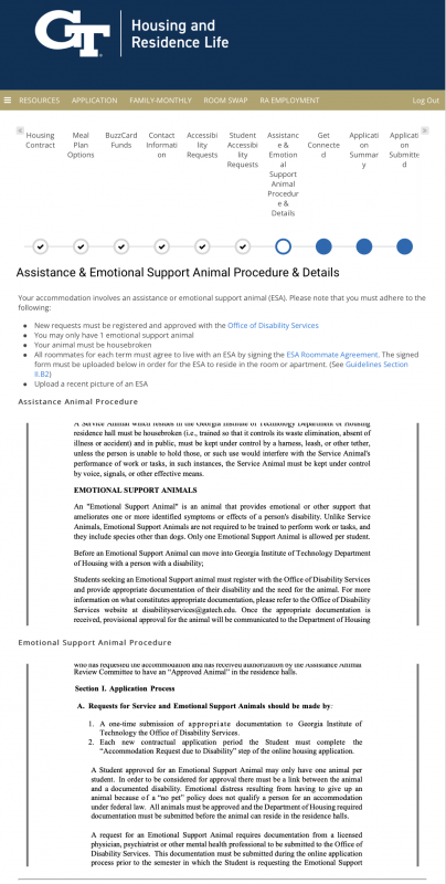 Screenshot of the Assistance & Emotional Support Animal Procedure & Details page.