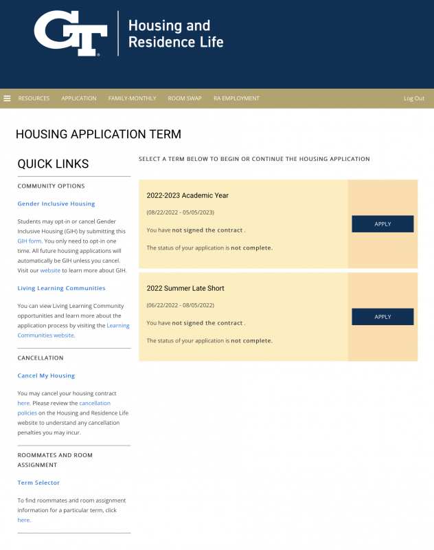 Screenshot of the Housing Application Term page.