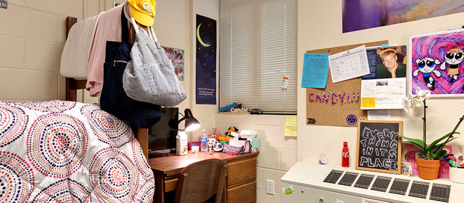 Bedroom with a bunk bed, a desk, desk chair, and decorations that include posters, lamps, plants, etc.