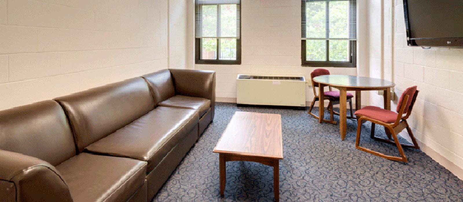 Study room with a sofa, coffee table, a table and chairs, and a TV monitor on the wall. Two glass windows on one wall.